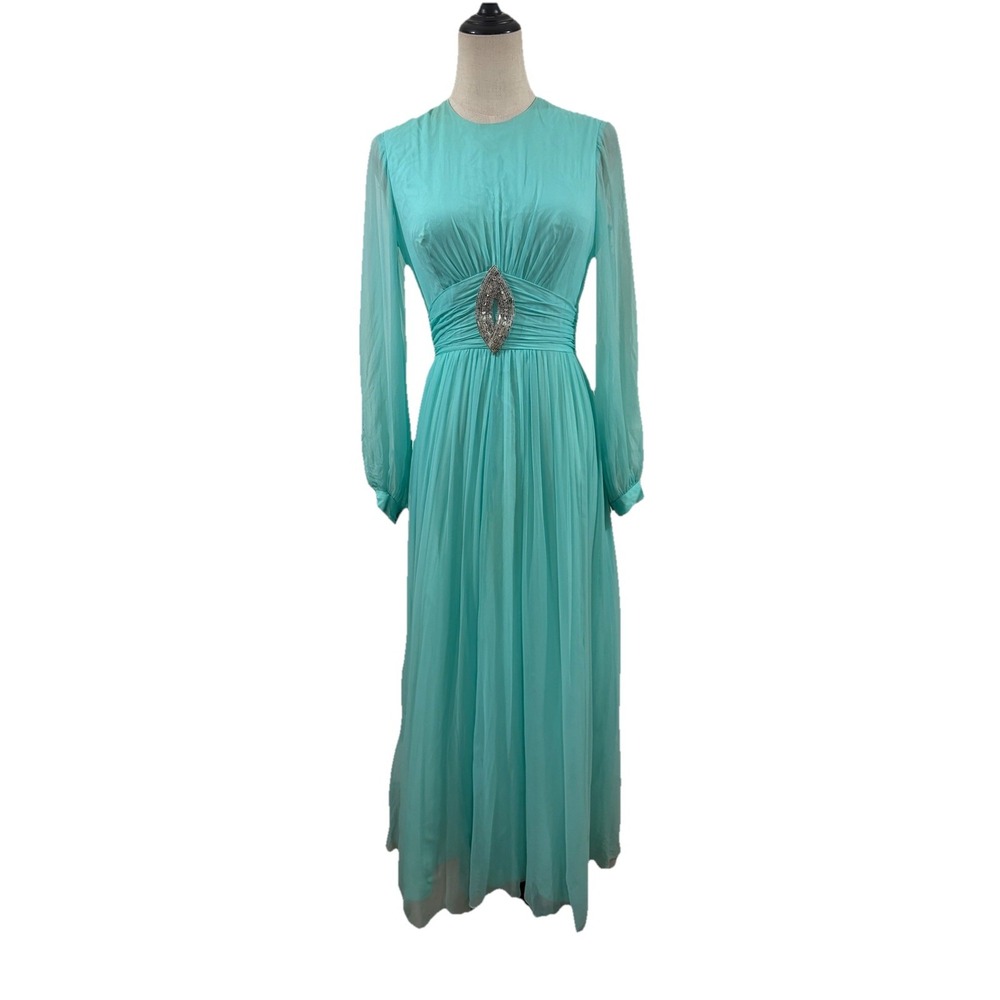 Vtg 70s Teal Blue Chiffon Maxi Dress Beaded‎ Emblishment Sheer Sleeves 26" W